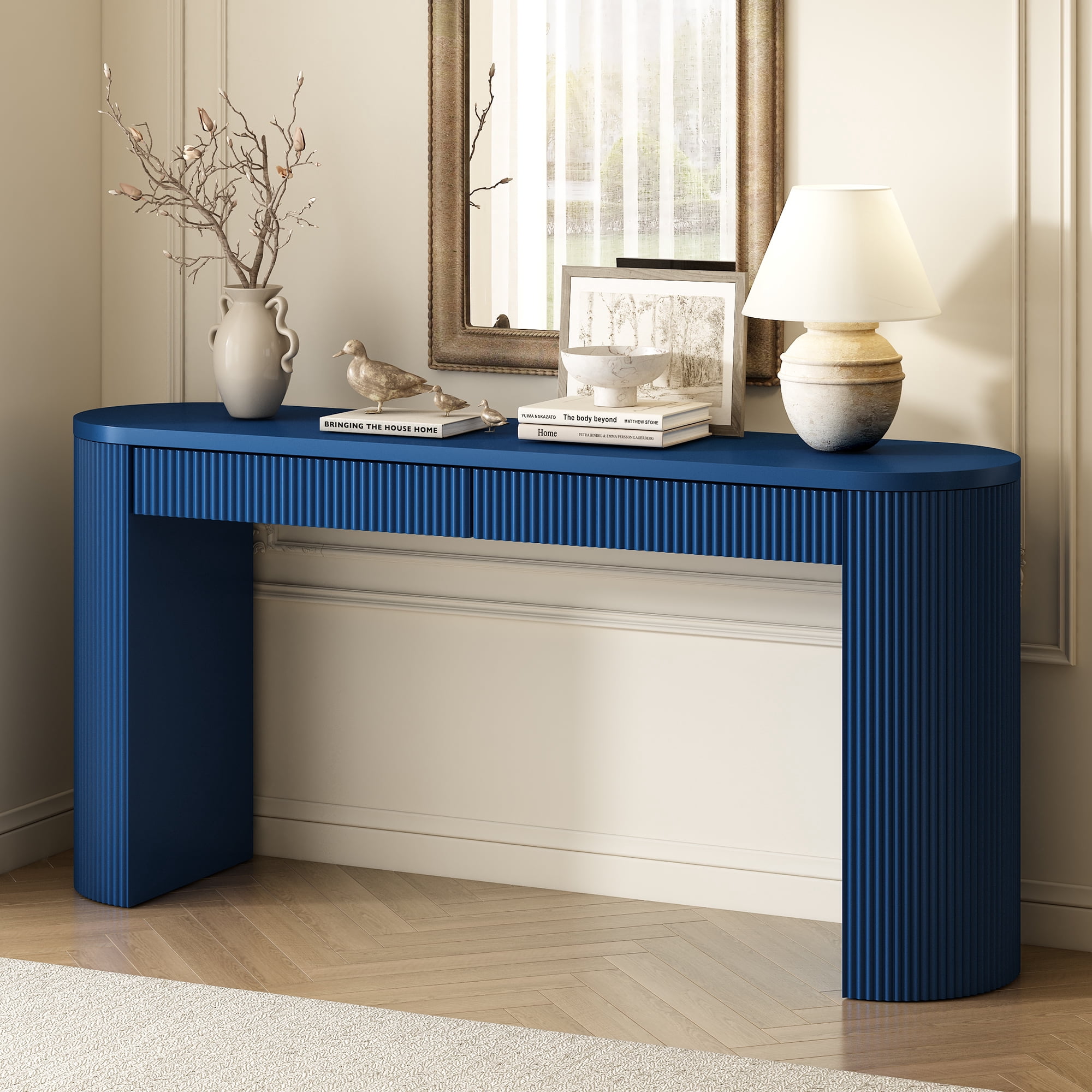 Aukfa Wood Long Console Table with 2 Drawers,Vertical Striped Sofa Table for Entryway/Hallway,Navy Blue