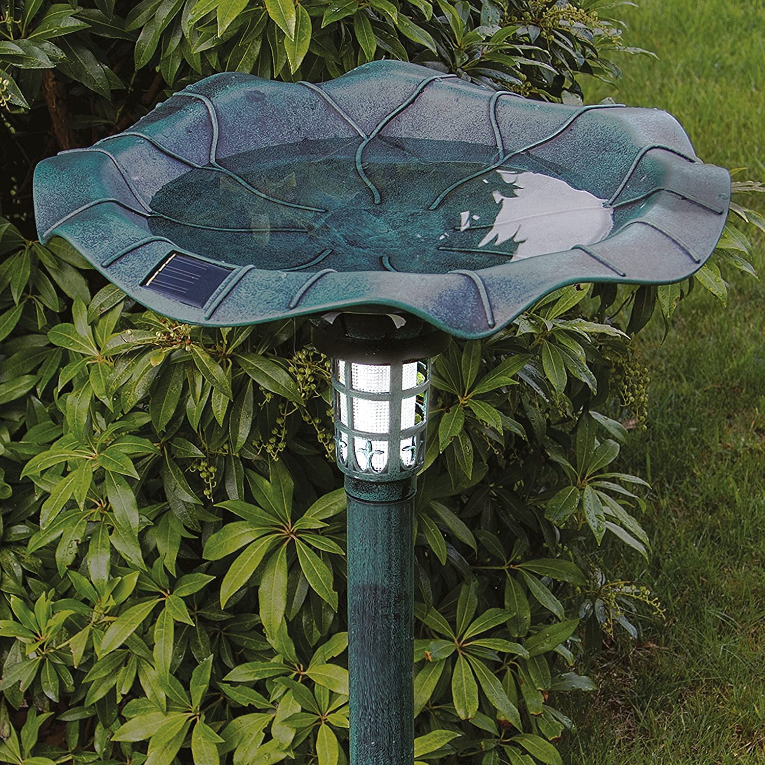 Westcharm 30 Inch Solar Lighted Bird Bath for Yard and Garden with Planter Bowl - Verdigris Green