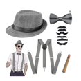 thumbnail image 1 of Gris Años 20 Accesorios de disfraces para hombre Conjunto de aleta de gángster Kit de disfraz de Gran Gatsby Años 20 con sombrero Trilby Bigote Tirantes elásticos Reloj de bolsillo para hombre, 1 of 5