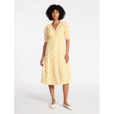 Time and Tru Women's Cotton Tiered Midi Dress with Elbow Length Sleeves, Sizes XS-XXXL