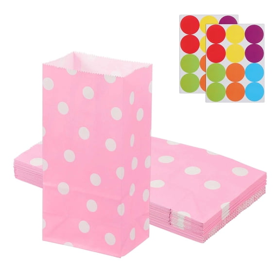 Uxcell Party Favor Bag, Mini Paper Candy Bags Gift Treat Celebration Halloween Goody Birthday Wedding Party with Stickers Pink Dots 7.1 in