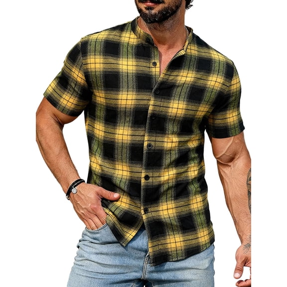 COSFO Summer Men Button Down Shirt Work Plaid Short Sleeve Shirts Collared Casual Loose Fit Tops