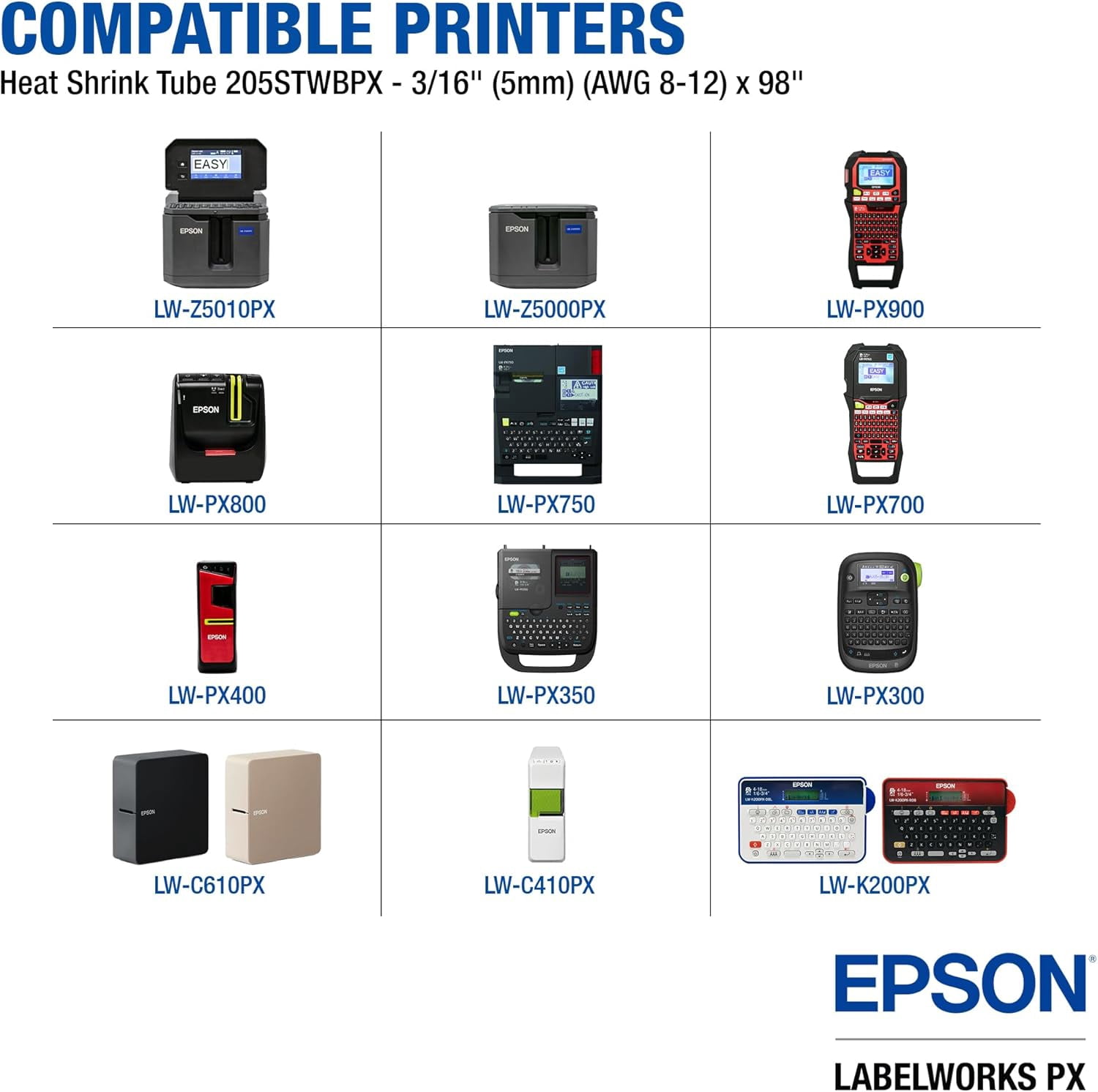 Epson LABELWORKS 205STWBPX - White on Black Shrink Tube Label Maker Tape - AWG 8-12, 3/16" (5MM) Wide, 96"