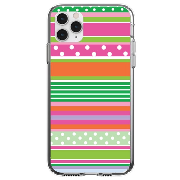 DistinctInk Clear Shockproof Hybrid Case for iPhone 11 Pro MAX (6.5" Screen) - TPU Bumper, Acrylic Back, Tempered Glass Screen Protector - Green Pink White Stripes Polka Dots