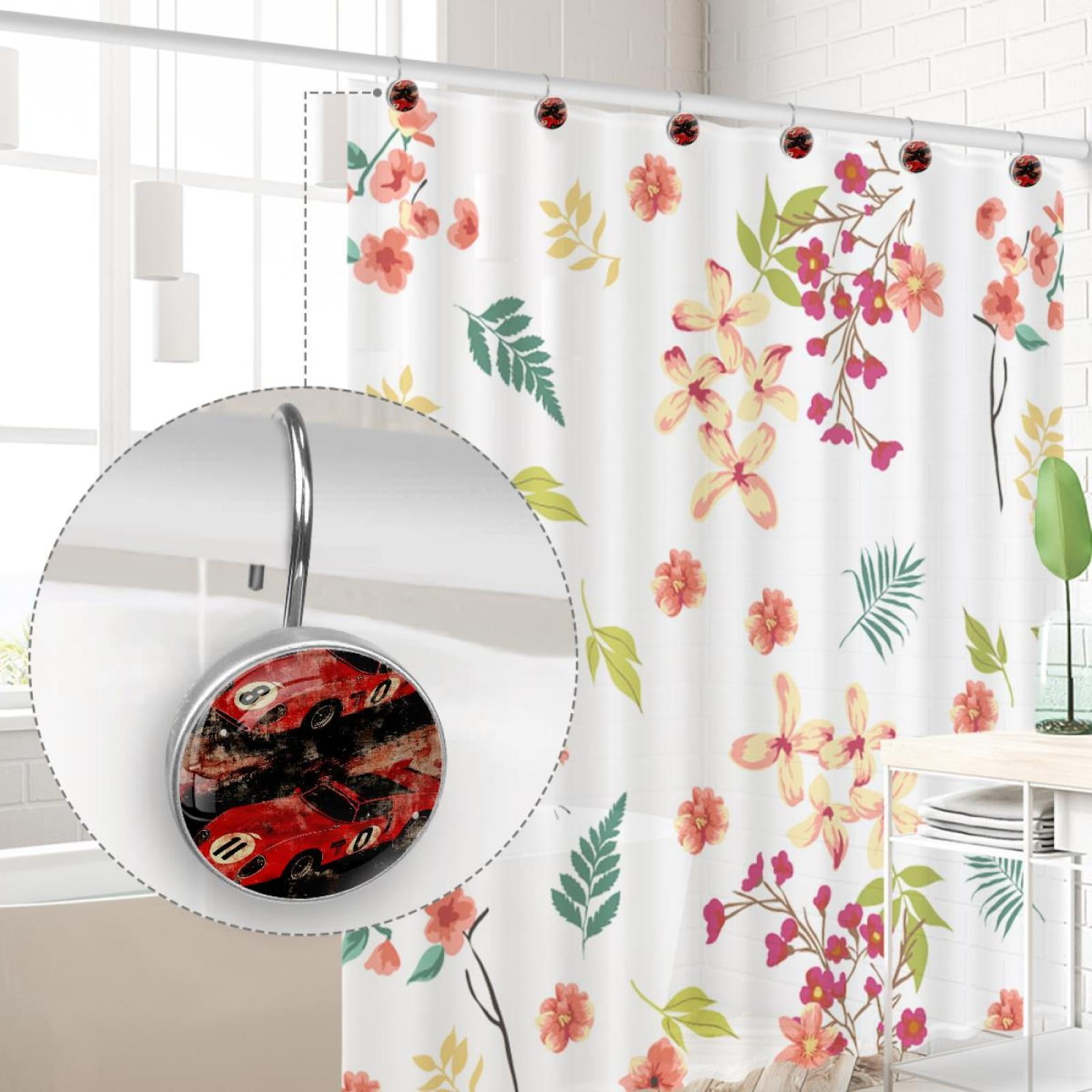 Red Racing Cars Grunge Black Shower Curtain Hooks Round Crystal Glass, Set of 12 Shower Curtain Rings - Shower Hooks for Curtain Shower Rings