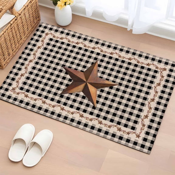 2x3 Ft Entryway Area Rug, Texas Star Vintage Kitchen Rug Runner Washable Floor Mat, Retro Country Brown Stars Checkered Non Slip Indoor Door Mat Throw Carpet for Bathroom Living Room Bedroom