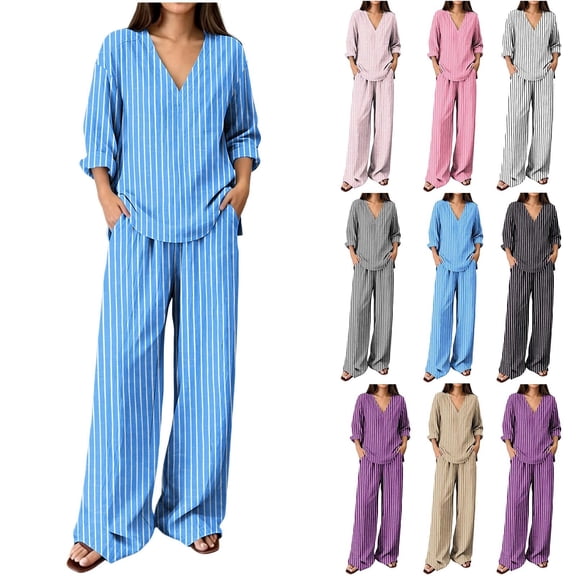 sdhkgrrt Women's Plus Size 2 Piece Pajama Outfit Striped V Neck 3/4 Sleeve Blouse Wide Leg Pants Casual Boho Lounge Set Loose Matching Travel Daily Tracksuits, Sky Blue 2XL
