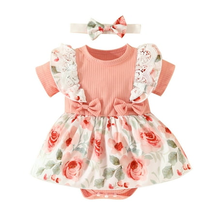 

MIUBAGIAL Girls Short Sleeve Floral Prints Romper Ribbed Bodysuits Dress Headbands Set
