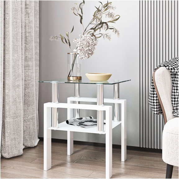 JERFIT Modern Square End Table with Tempered Glass Top, White Metal Frame Accent Table for Living Room, Bedroom, 150lbs Capacity