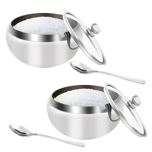 Somnr Stainless Steel Sugar Bowl with Clear Glass Lid - for Better Recognition, and Spoon for Home and Kitchen, Drum Shade,16.9oz-2PACK