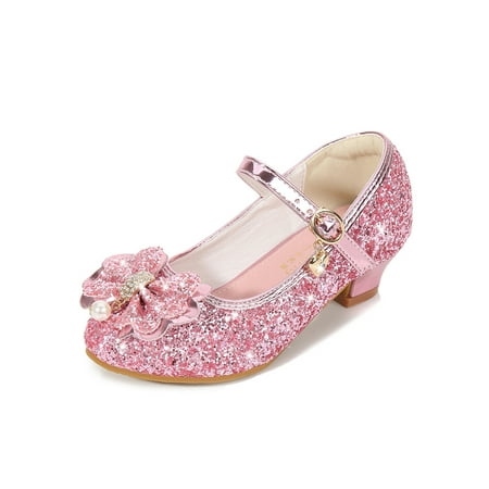 

SIMANLAN Girls Princess Shoes Round Toe Heels Sandals Low Heel Mary Jane Kids Soft Dance Shoe Girl s Glitter Dress Pumps Pink 11C