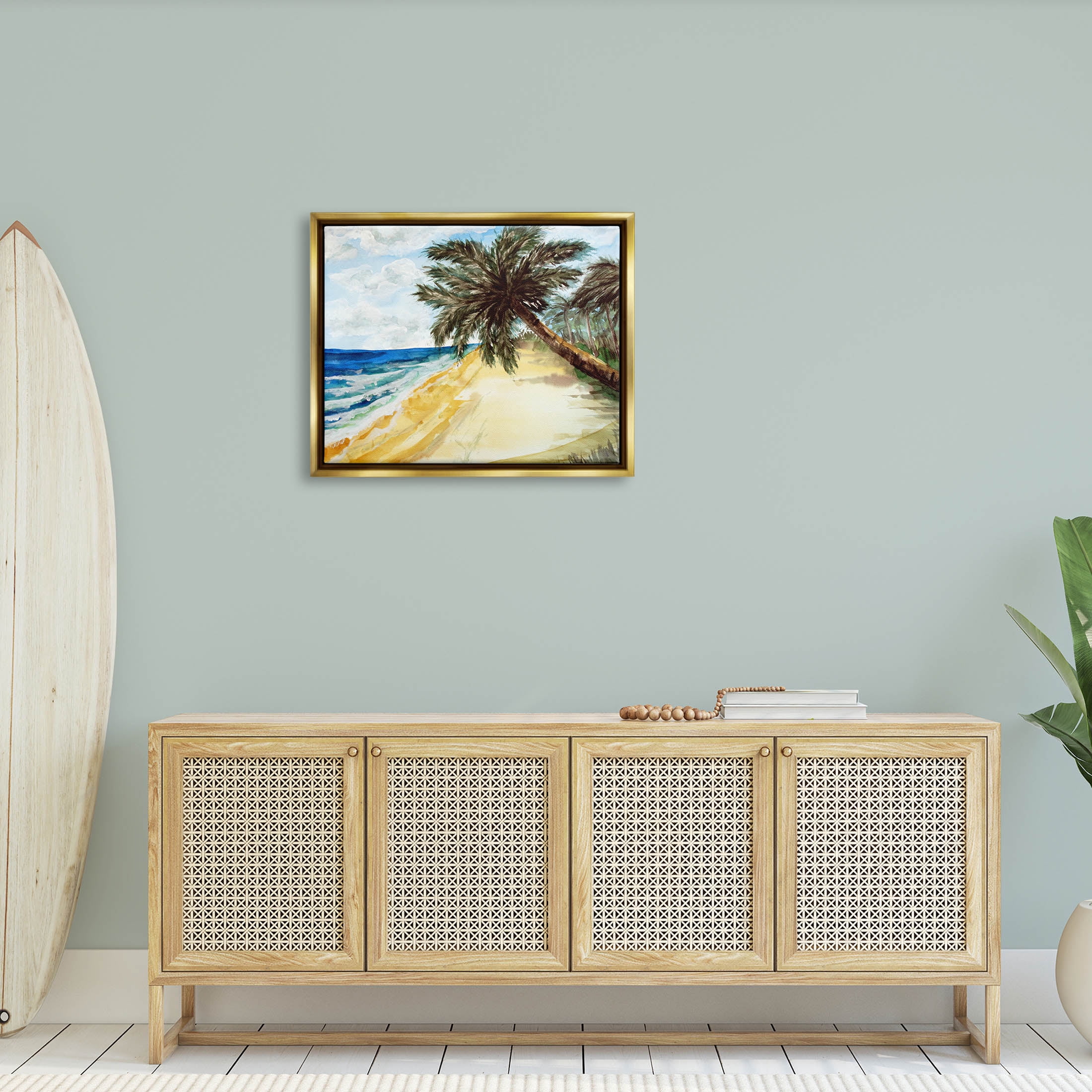 Summer Palm Overhanging Beach Coastal Painting Metallic Gold Framed Art Print Wall Art