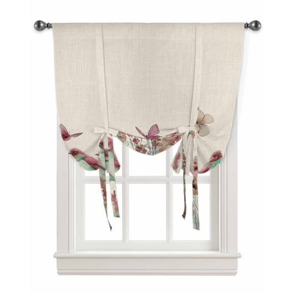 Pink Spring Floral Tie Up Curtains for Kitchen Bathroom Bedroom Windows 45 Inch Length, Summer Birds Butterfly Farmhouse Balloon Drape Curtains Shade Rod Pocket Drapery Curtain Panel, 34"x45"