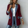 thumbnail image 6 of Sexlip Women Color Block Knit Blazer Denim Lapel Trim Single Button Mid Length Ribbed Textured Long Sleeve Cuffed Casual Layering Outer Coat With Patch Pockets Red L, 6 of 8
