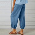 thumbnail image 3 of Women High Waist Linen Capri Pants Drawstring Elastic Waist Loose Cropped Trousers Side Pockets Button Cuff Casual Joggers, 3 of 5