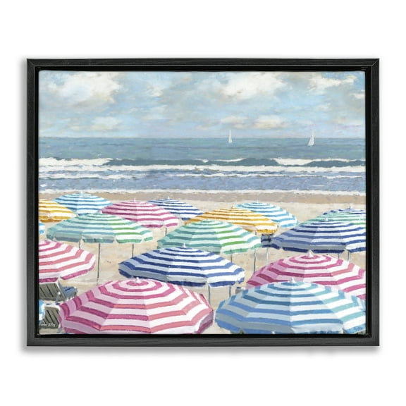 Stupell Industries Shore with Bright Umbrellas Landscape & Nature Painting Black Floater Framed Canvas Art Print Wall Art, 21 x 17
