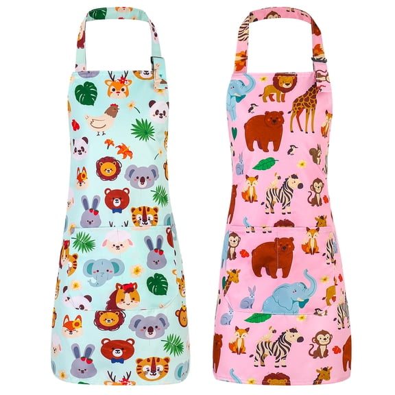 AOWOO 2 Packs Kids Apron, Cotton Children Aprons with Adjustable Neck Strap, Apron with Pockets for Children, Kids Chef Aprons for Cooking Baking Painting and Party (Animal, 6-12Years Old)