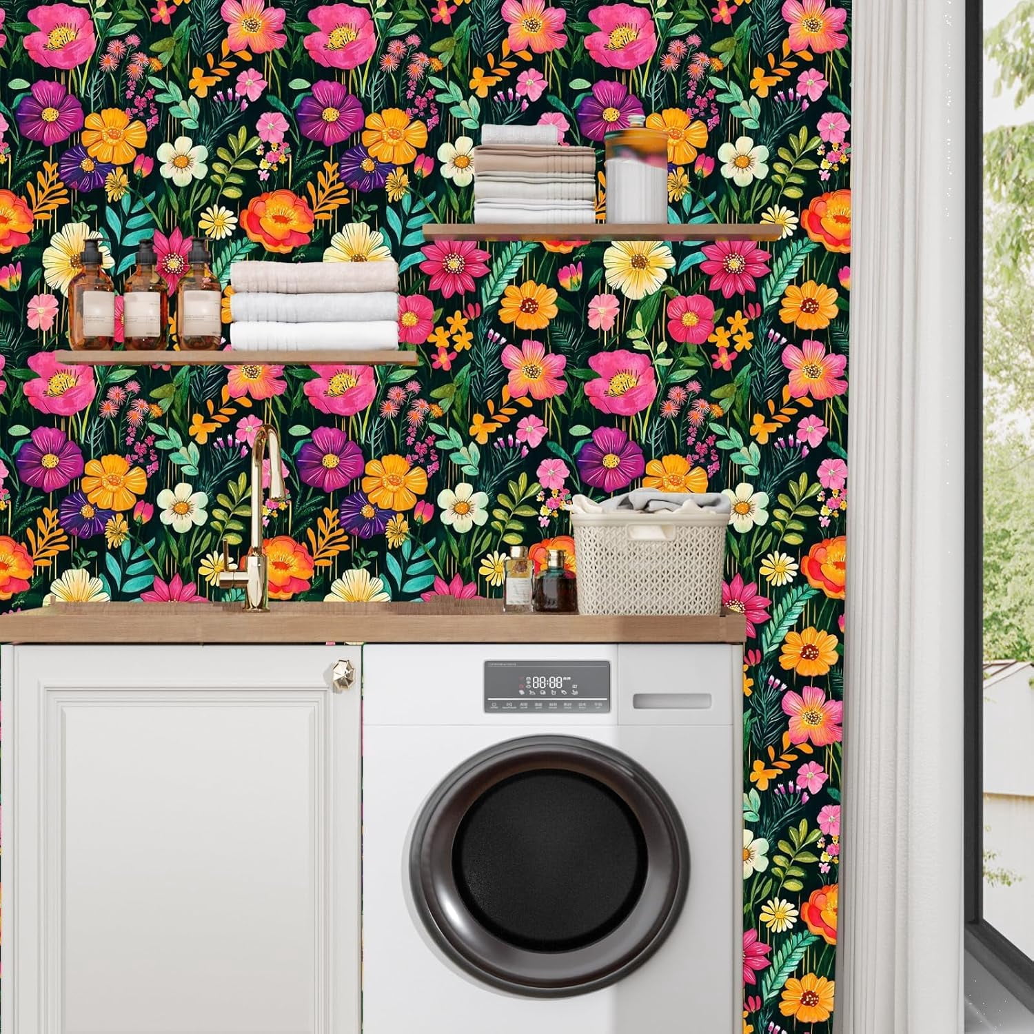 PETGLE Watercolor Floral Wallpaper Peel and Stick Colorful Contact Paper Green Boho Renter Friendly Wall Paper for Countertop Cabinet Wall Shelf Bathroom Removable 17.5 x 118In image 2