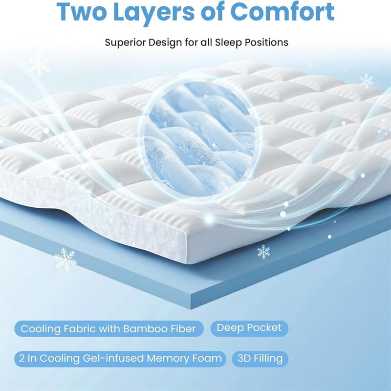Kelno Dual Layer Mattress Topper with Gel Cooling Memory Foam and Mattress Protector Deep Pocket, Twin