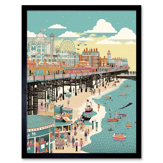 Brighton Beach Pier and Sandy Summer Scene Art Print Framed Poster Wall Decor 12x16 inch
