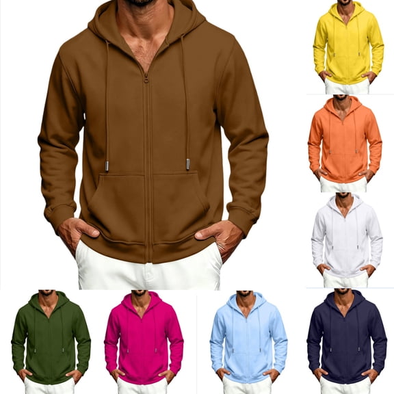 Urbanix Hoodie for Men Basic Full Zip Long Sleeve Drawstring Hooded Jacket Relaxed Lined Sweatshirts Gym Streetwear with Multi-Pockets