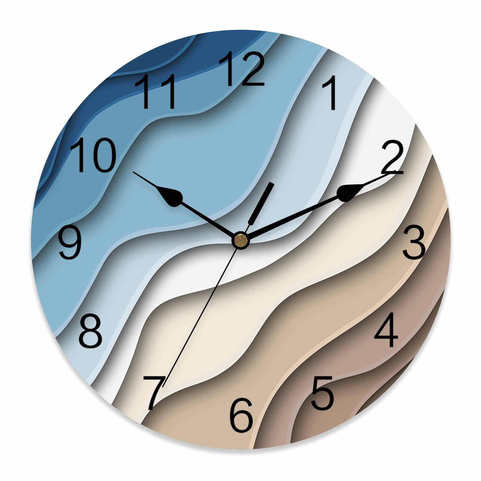 Wall Clock Blue Brown Modern Geometric Clocks PVC Silent Non-Ticking Battery Operated Decorative Ombre Blue Abstract Round Clock for Home Living Room Kitchen Bedroom Office School Wall Decor 14 Inch