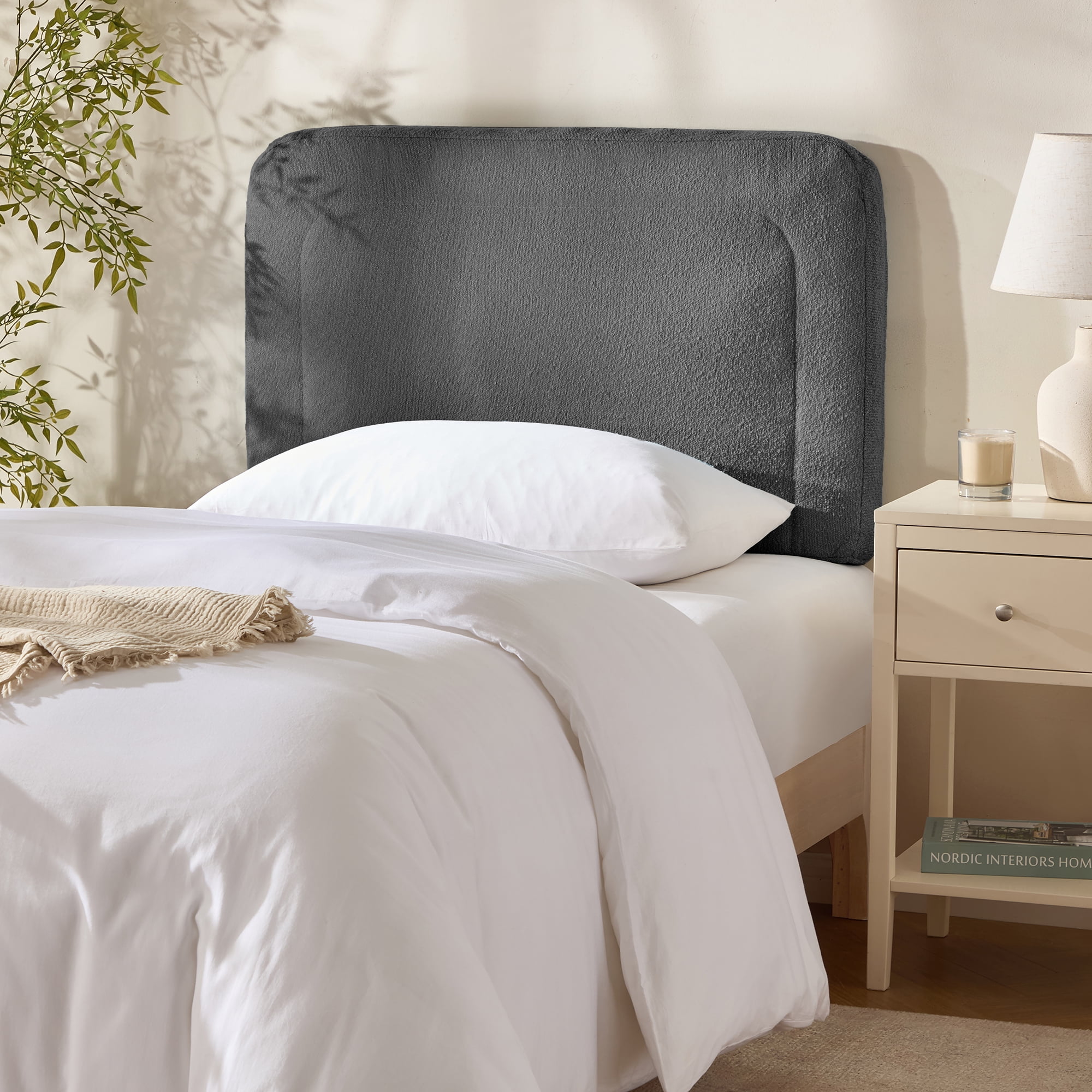 Virtu Twin Headboard No Tools Required Peel and Stick Upholstered Boucle Bed Headboard Only, Gray