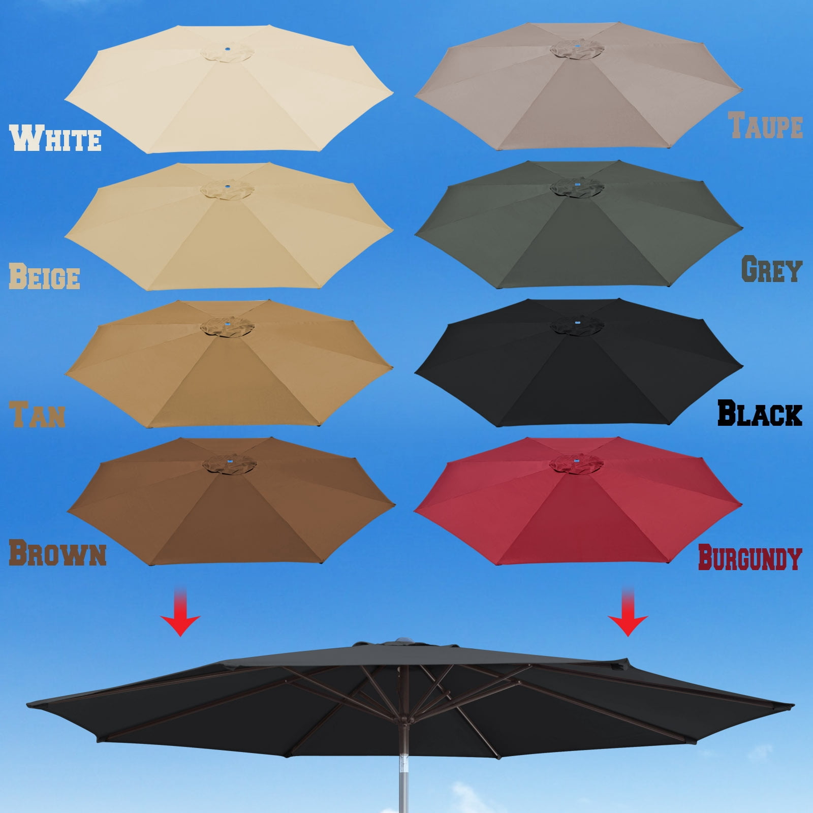 Sunrise 10' Umbrella Canopy Top Cover Patio Replacement Top Cover 8 Ribs Outdoor Sunshade (Black, Cover only, Frame not Included)