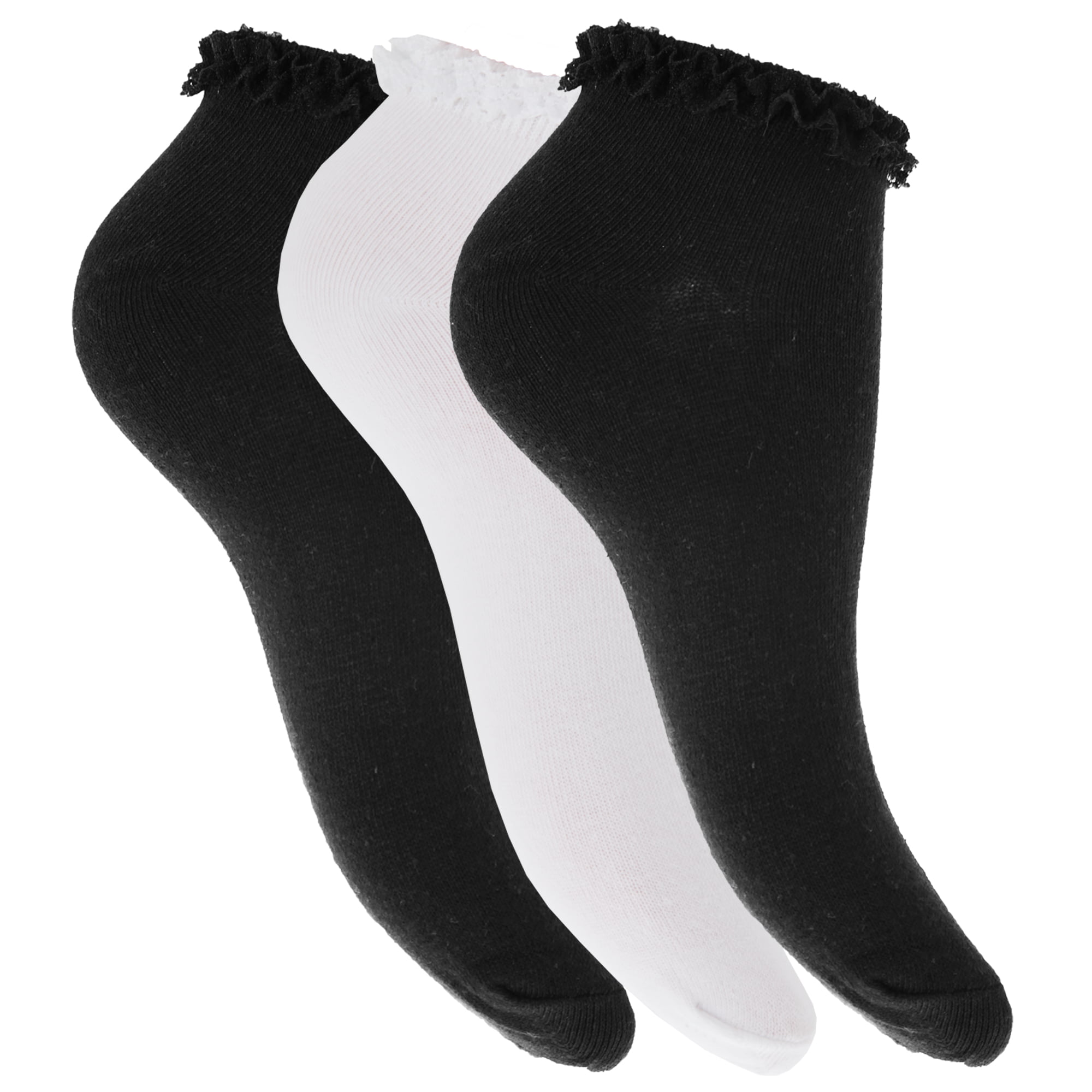 Ladies/Womens Cotton Rich Plain Trainer Socks With Frill Trim /3 Pack W297 