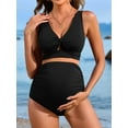 thumbnail image 3 of Asoul V Neck Maternity Swimsuits Ribbed Twist Front Bikini Sets High Waist Pregnancy Bathing Suits for Womens, 3 of 6