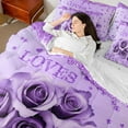 thumbnail image 5 of Feelyou Romantic Rose Flower Twin Bedding Sets 7-Piece, Dreamy Sequin Print Purple Bedding Comforter Set, Couple Anniversary Theme Reversible Sheet Sets, Lightweight Room Decor, 5 of 9