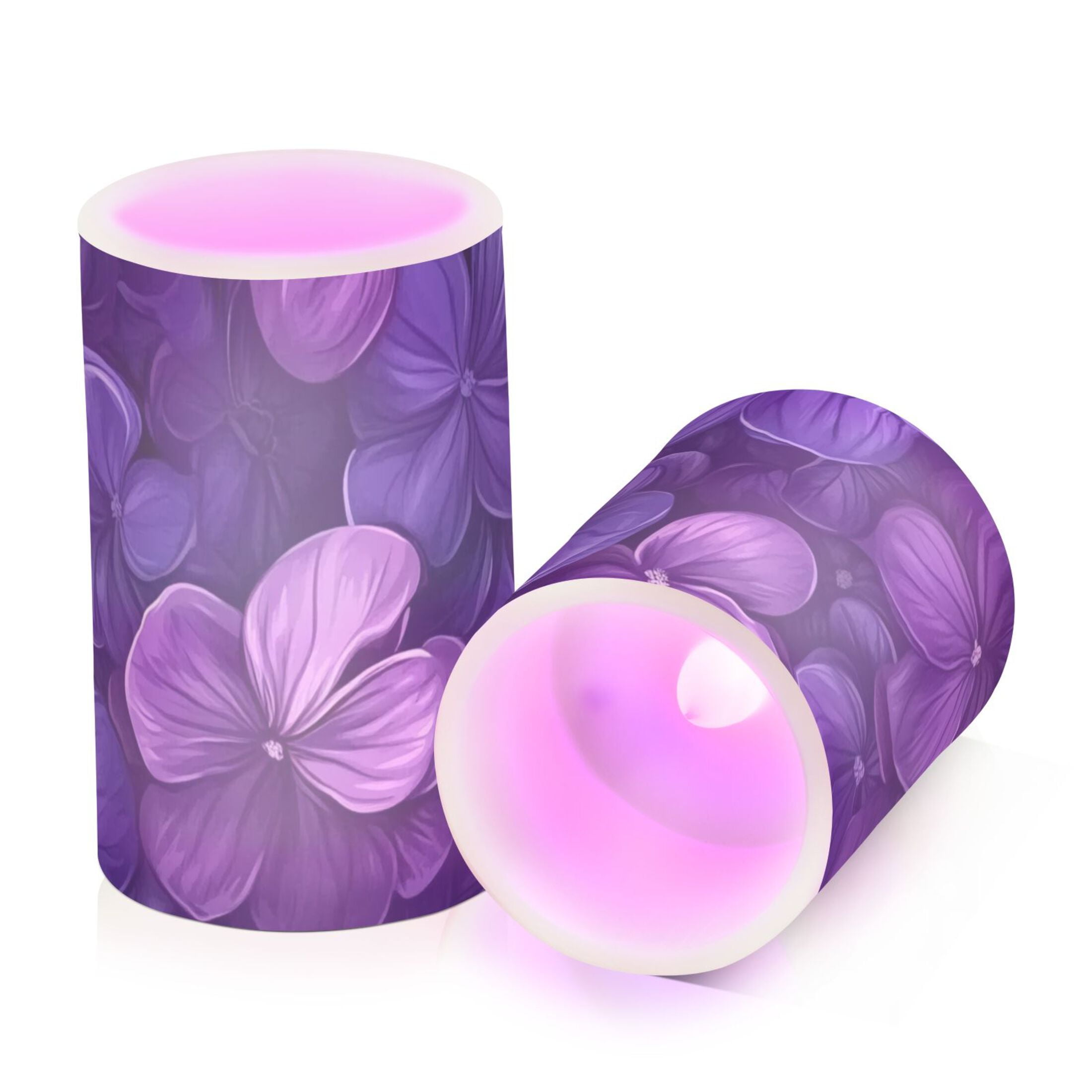 Dark Purple Flowers Flickering Flameless Candles Battery Operated with Remote Timer LED Pillar Candles Set of 2