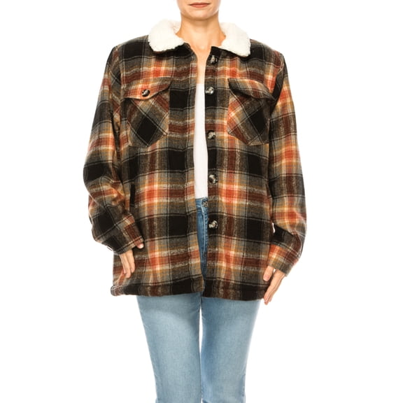 Women's Plaid fleece lined flannel jacket with button closure breast and side pockets