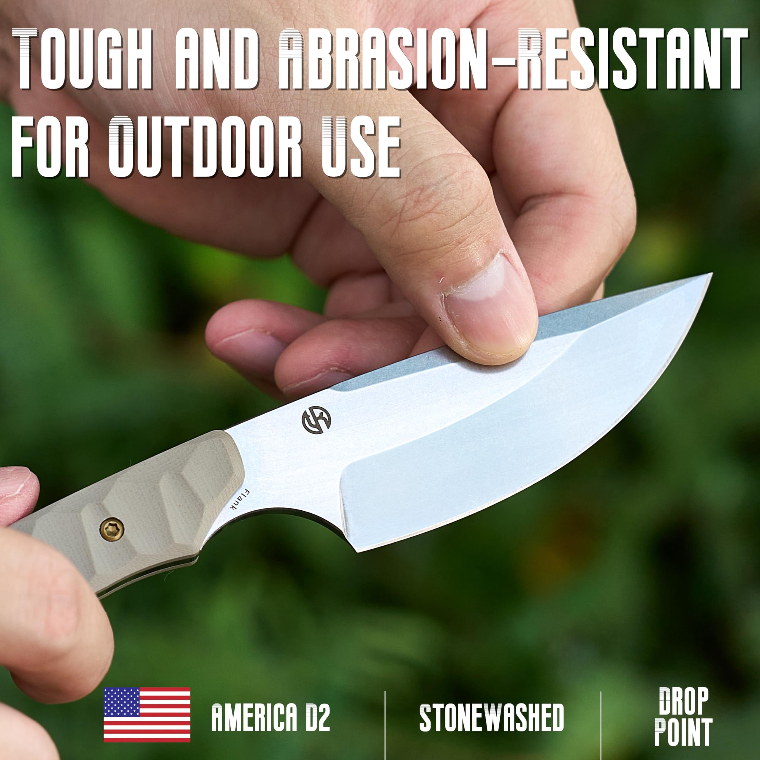 Kansept Flank Fixed Blade Knife,3.69'' Stonewashed D2 Blade,Light Sand G10 Handle Pocket Tactical Knives,G006A5,with sheaths