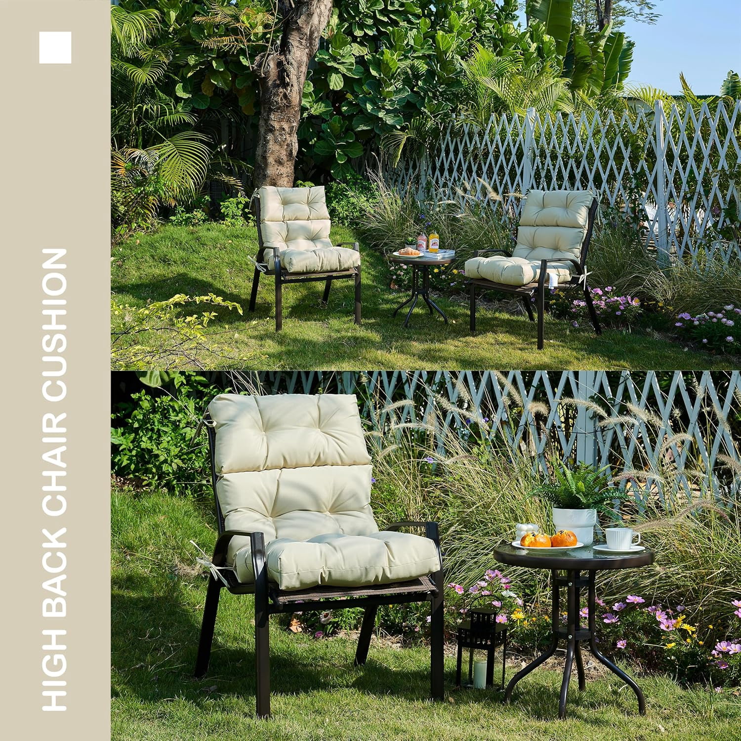 YOOZEKU Outdoor High Back Adirondack Rocking Chair Cushions set of 2,Waterproof Tufted Patio Seat Cushions for Outdoor Furniture with Ties,45x22 Inch, Beige