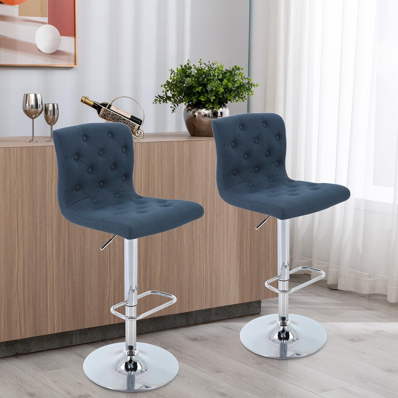 Modern Upholstered Bar Stool with Back Set of 2, Armless 360° Swivel Adjustable Height Linen Padded Bar Chair for Kitchen Island, Dining Room, or Café (Dark Blue)