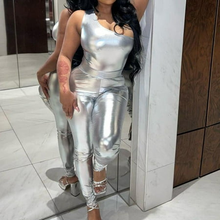 WNEGSTG Black Bodysuit Women s Sexy Faux Leather Jumpsuits One Shoulder Sleeveless Shinny Skinny Onepiece Jumpsuit Silver