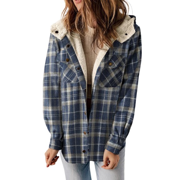 XFLWAM Womens Plaid Shacket Jacket Sherpa Lined Flannel Jackets Oversized Button Up Fleece Hooded Warm Coat