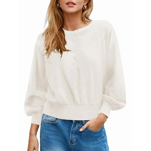 Chandail à Boutons Col Rond pour Femmes Automne Manches Longues Henley Chemises Tendance Chandail Ample Blanc P