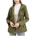 thumbnail image 2 of Casual Hooded Windbreaker Jackets for Women Lightweight Solid Color Zip Up Button Down Coats Long Sleeve with Buttons Elastic Waist Jacket Workout Drawstring Hem Belt Coat, 2 of 5