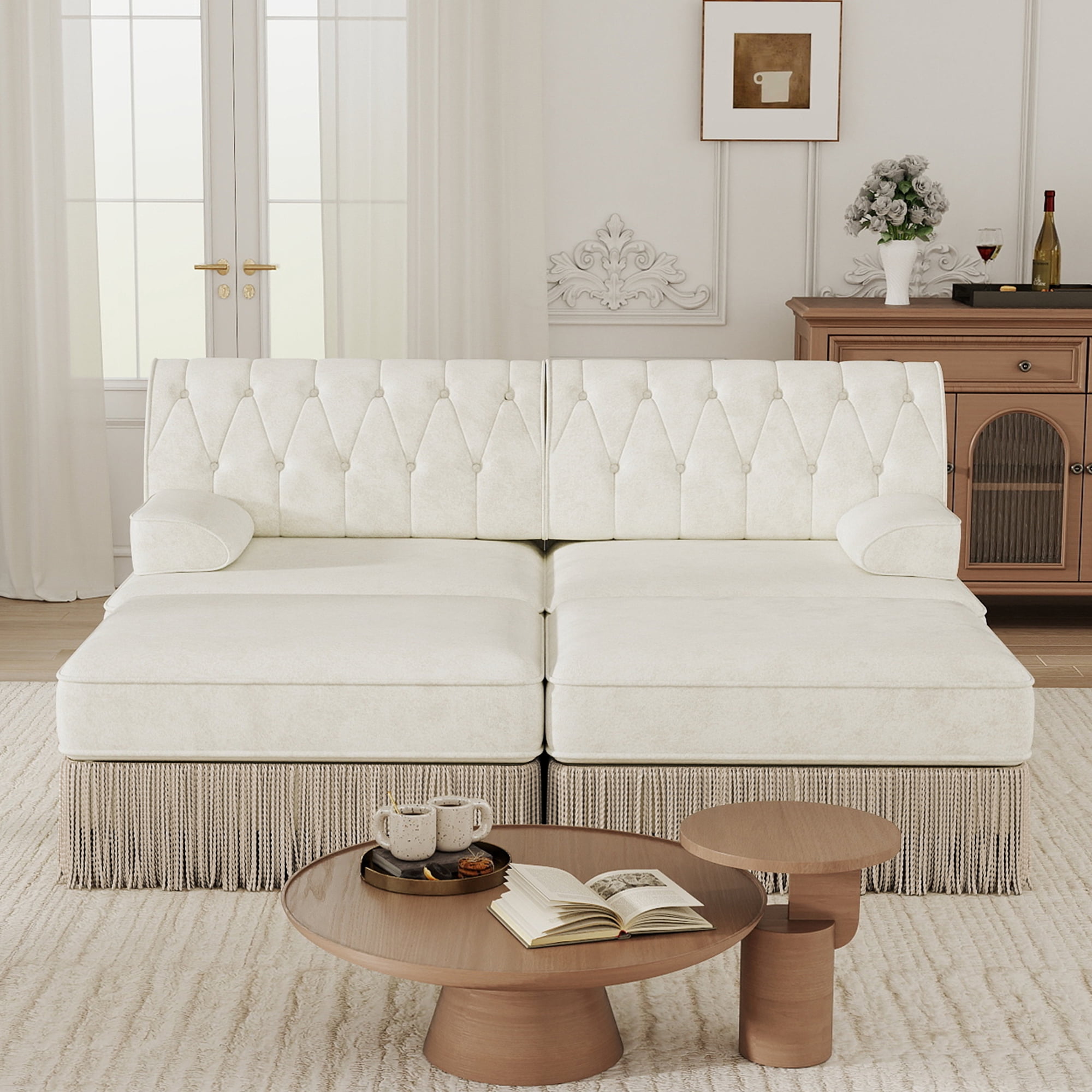 MAYEERTY Chesterfield Modular Sectional Sofa, Button Tufted Fleece Couch with Tassel Fringe Skirt & 2 Ottomans, Wooden Base for Living Room