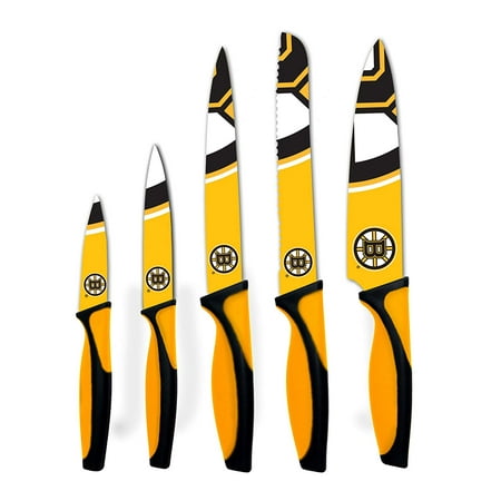 Sports Vault NHL Boston Bruins Kitchen Knives, Includes 5 knives- pairing knife, utility knife, Carving knife, bread knife and chef's knife By