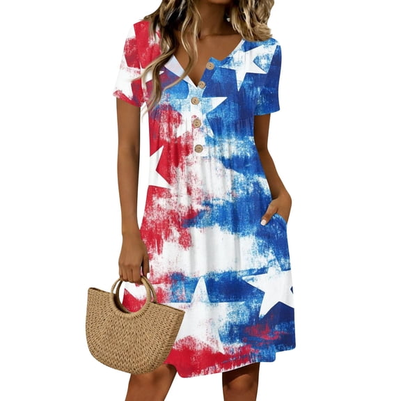 Women's 4th of July 250th Anniversary Patriotic Dress Short Sleeve Button Neck Printed Star Pattern Crew Neck Casual Independence Day USA Flag Summer Everyday Wear Round Neck Dress Blue L