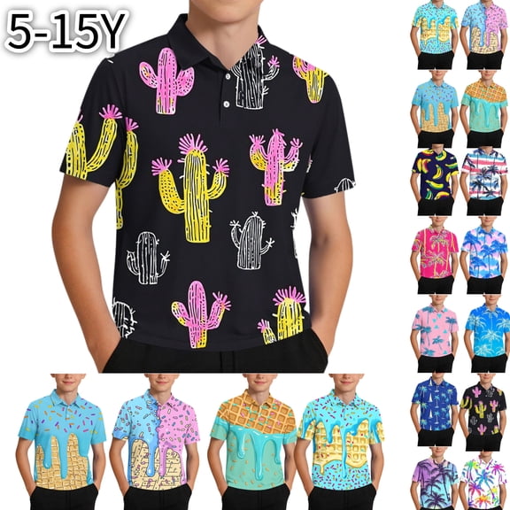 Boys Collared Shirt Icecream Graphic Short Sleeve Button Neck Top Kids Daily Summer Playwear Casual Vacation Outfit for Teen