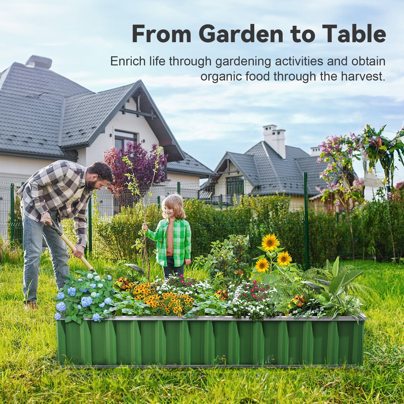 KING BIRD Raised Garden Bed 68" Lx 36" Wx 12" H Galvanized Garden Planter Box Kit (Green) 6x3x1ft