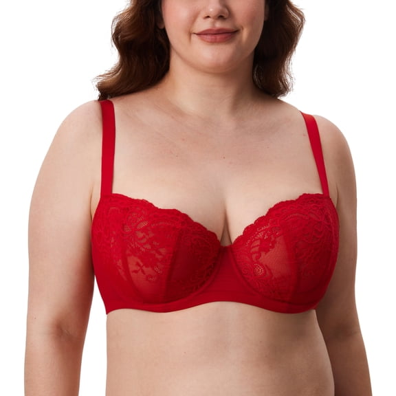 DELIMIRA Women's Balconette Lace Plus Size Sexy Bras, See Through, Unlined, Underwire