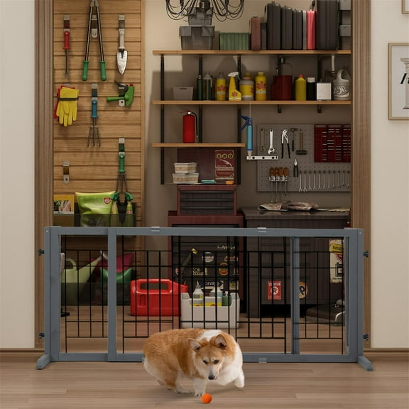 Pefilos 38"-71" Adjustable Wood Pet Gate for Dogs, Indoor Freestanding Dog Fence for Doorways, Stairs, Gray
