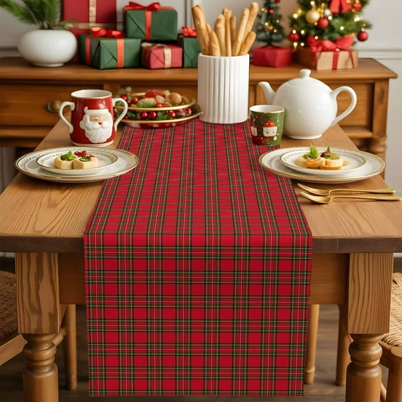 Christmas Tartan Red Green Plaid Table Runner Dresser Scarf,Kitchen Dining Table Decoration Valentine's Day Romantic Stripe Linen Table Runners for Home Wedding Indoor Outdoor Party,13x70in