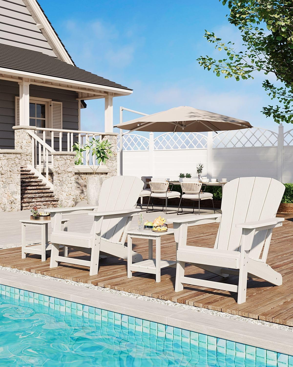 Modern HDPE Plastic Adirondack Chair - Oversize 380LB Poly Lumber Weather Resistant Firepit Chair - Outdoor Patio Chairs with Wooden Textured for Garden, Backyard, Lawn, Deck, Pool, Porch - White