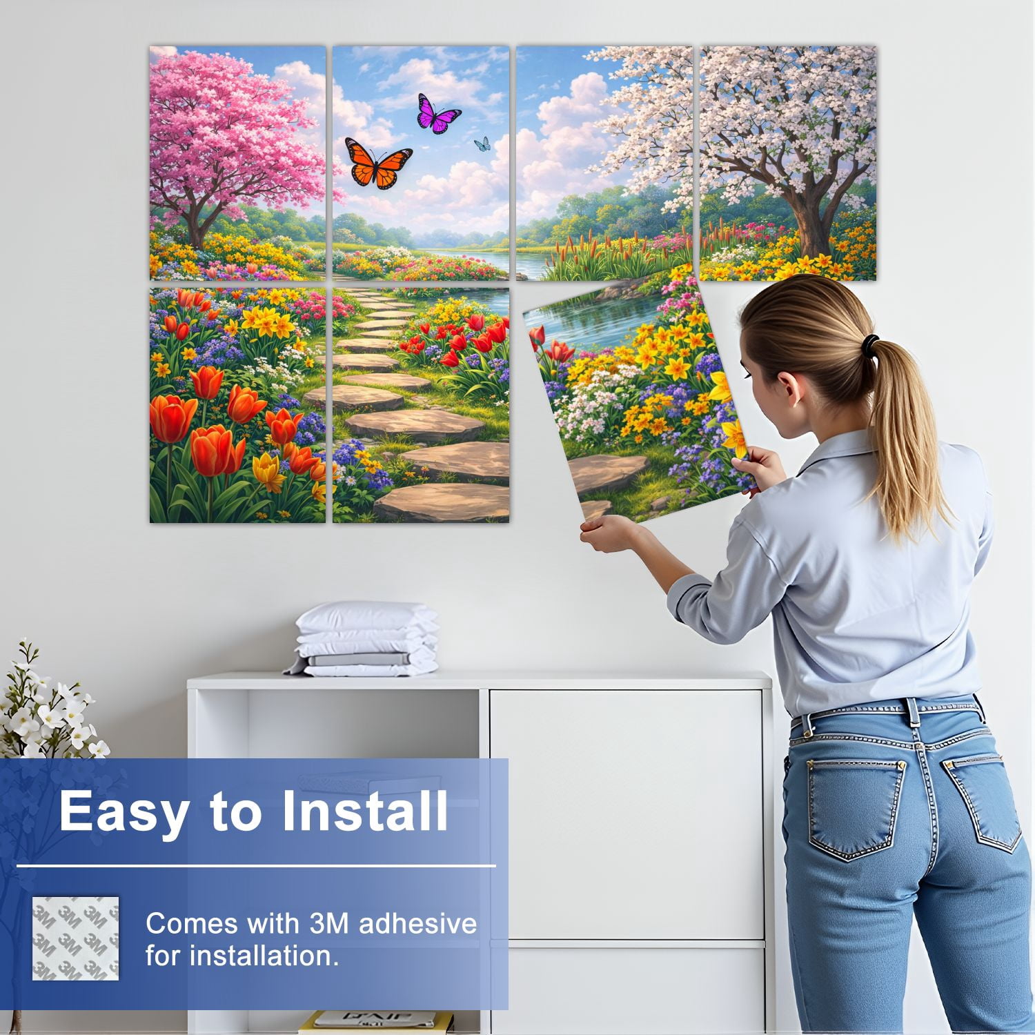 8 Pack Art Acoustic Panels Sound Absorbing Vibrant Spring Colorful Tulips Daffodils Decorative Soundproof Wall Panels Self Adhesive for Nursery Game Room Bedroom 48"x32"